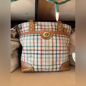 Coach Hampton Tattersall Wool Turnlock Plaid Leather Trim Tote Bag